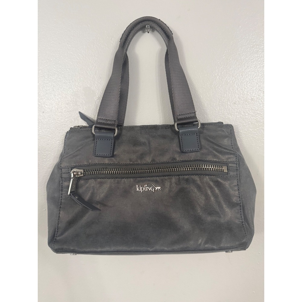 Kipling Slate Gray Metallic Crinkle Nylon Satchel Handbag Multi-Pocket Bag